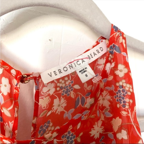 Veronica Beard 100% Silk Floral Cold Shoulder Blouse Red Tie Bow Sleeves - Picture 10 of 11